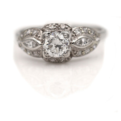 Vintage Transitional Cut Diamond Engagement Ring with Navette Side Stones