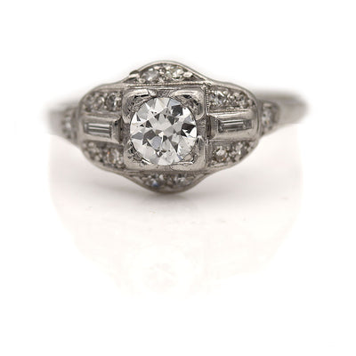 Vintage Old European Cut Diamond Engagement Ring with Baguette Diamonds