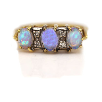 Victorian Three Stone Opal and Diamond Engagement Ring