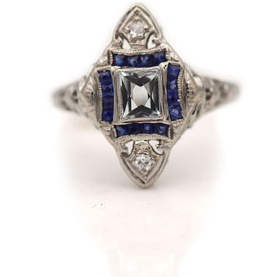 Art Deco Aquamarine Square Cut Sapphire Engagement Ring