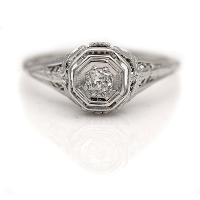 Antique Old Mine Cut Diamond Engagement Ring with Floral Engravings
