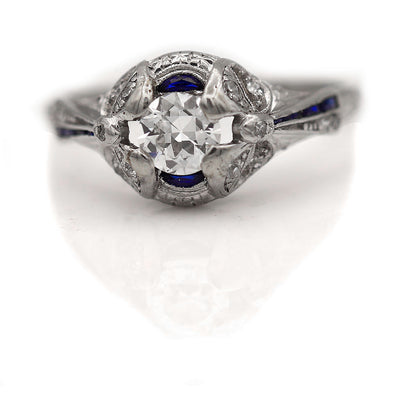 Art Deco Diamond Engagement Ring with Sapphire Side Stones