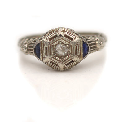 Art Deco 1930s Old Mine Cut Diamond Engagement Ring with Sapphire Shield Side Stones
