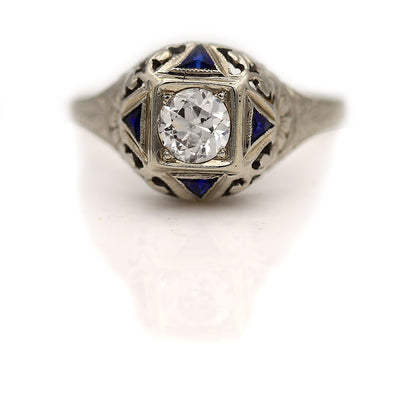 Four Point Star Old European Cut Diamond & Sapphire Engagement Ring