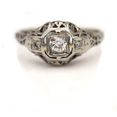 Art Deco 1930s Old Mine Cut Diamond Engagement Ring with Side Stones