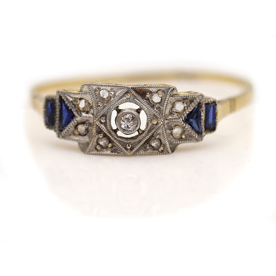 Art Nouveau Bezel Set Old Mine Cut Diamond Engagement Ring with Sapphire Side Stones
