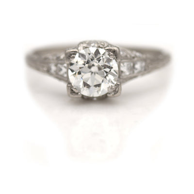 Art Deco Old European & French Cut Diamond Engagement Ring .97 Ct GIA H/SI1