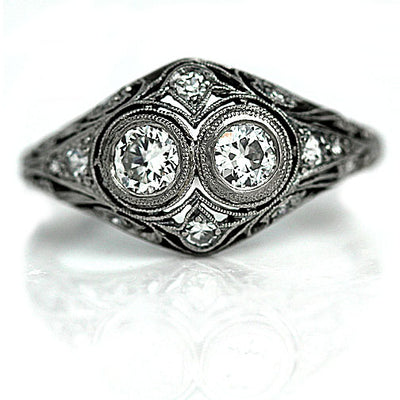 Art Deco Bezel Set Twin Diamond Engagement Ring