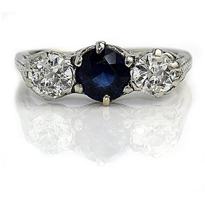 Vintage Synthetic Sapphire & Diamond Engagement Ring - Vintage Diamond Ring