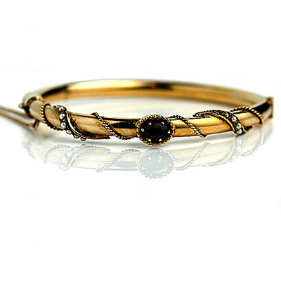 Estate Yellow Gold Topaz Pearl Bangle Bracelet - Vintage Diamond Ring