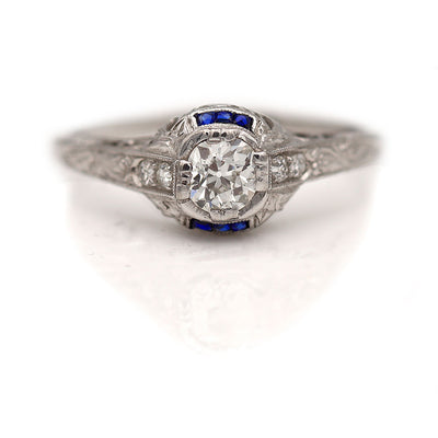 Thin Filigree Band Diamond & Sapphire Engagement Ring