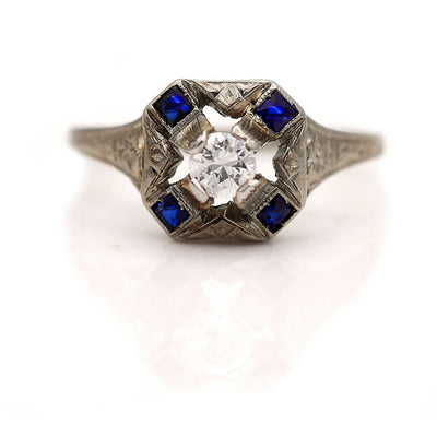Unique Engagement Ring with Sapphire Side Stones - Vintage Diamond Ring