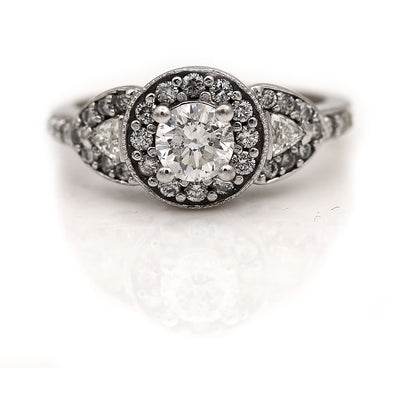 Halo Diamond Engagement Ring with Side Trillion Diamonds