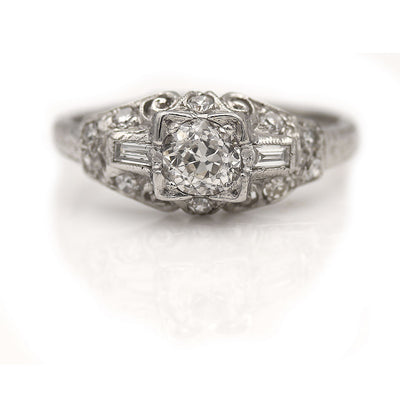 Unique Mine Cut Diamond & Baguette Engagement Ring - Vintage Diamond Ring