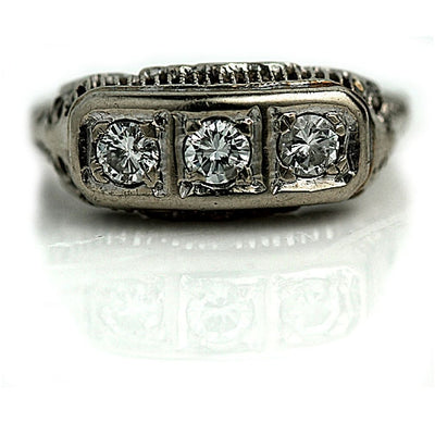 Three Stone Diamond Engagement Ring with Engravings - Vintage Diamond Ring