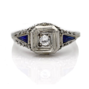 Diamond Engagement Ring with Kite Sapphire Side Stones