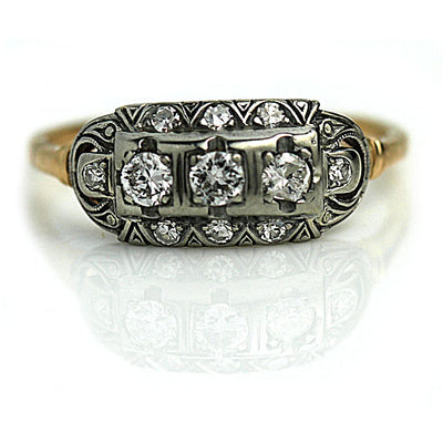 Antique Three Diamond Engagement Ring with Filigree