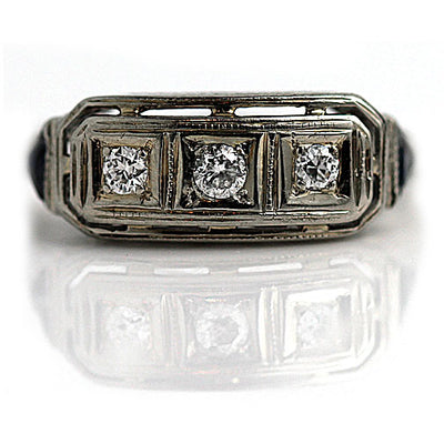 Art Deco Three Stone Diamond and Sapphire Ring - Vintage Diamond Ring