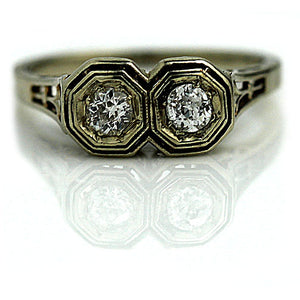 Art Deco Two Stone .30 CTW Mine Cut Diamond Antique Engagement Ring with Heart Motif