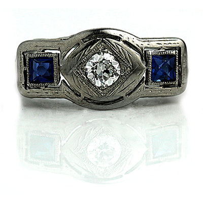 Three Stone Diamond & Sapphire Engagement Ring - Vintage Diamond Ring