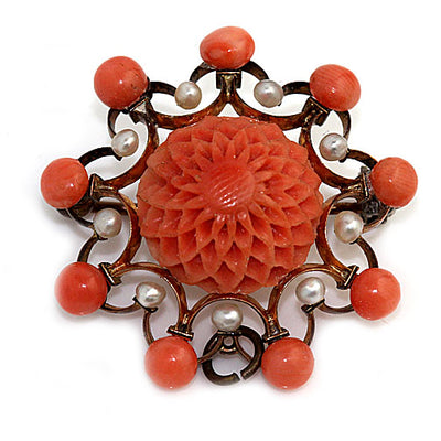 Art Deco Coral Brooch Pendant - Vintage Diamond Ring