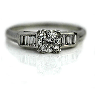Vintage European Cut Diamond Engagement Ring with Straight Baguettes