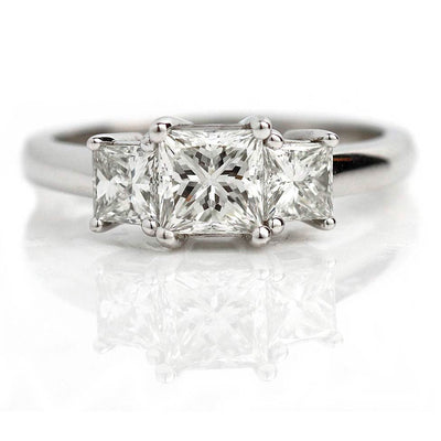 Vintage Three Stone Princess Cut Engagement Ring .83 Ct GIA H/SI2