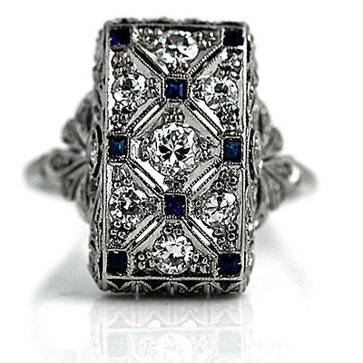 Vintage Diamond & Square Cut Sapphire Cocktail Ring - Vintage Diamond Ring