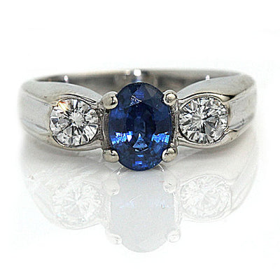 Ceylon Sapphire Engagement Ring with Diamond Side Stones - Vintage Diamond Ring
