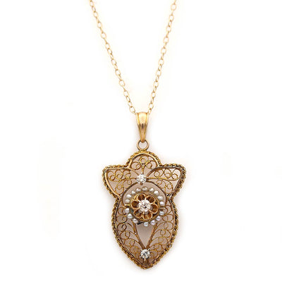 Art Nouveau Mine Cut Diamond and Seed Pearl Necklace